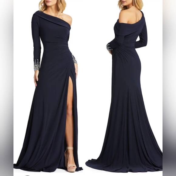 Mac Duggal Dresses & Skirts - Mac Duggal One-Shoulder Long Sleeve Jersey Gown Size 8 ( 6 ) Midnight Blue NWT